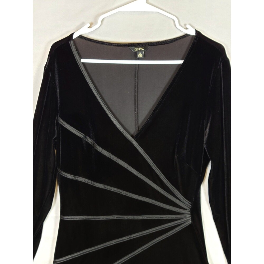 GNW Black Velvet Midi Dress Womens 12 Whimsigoth Witchy 3/4 Sleeve V-neck - Picture 3 of 12